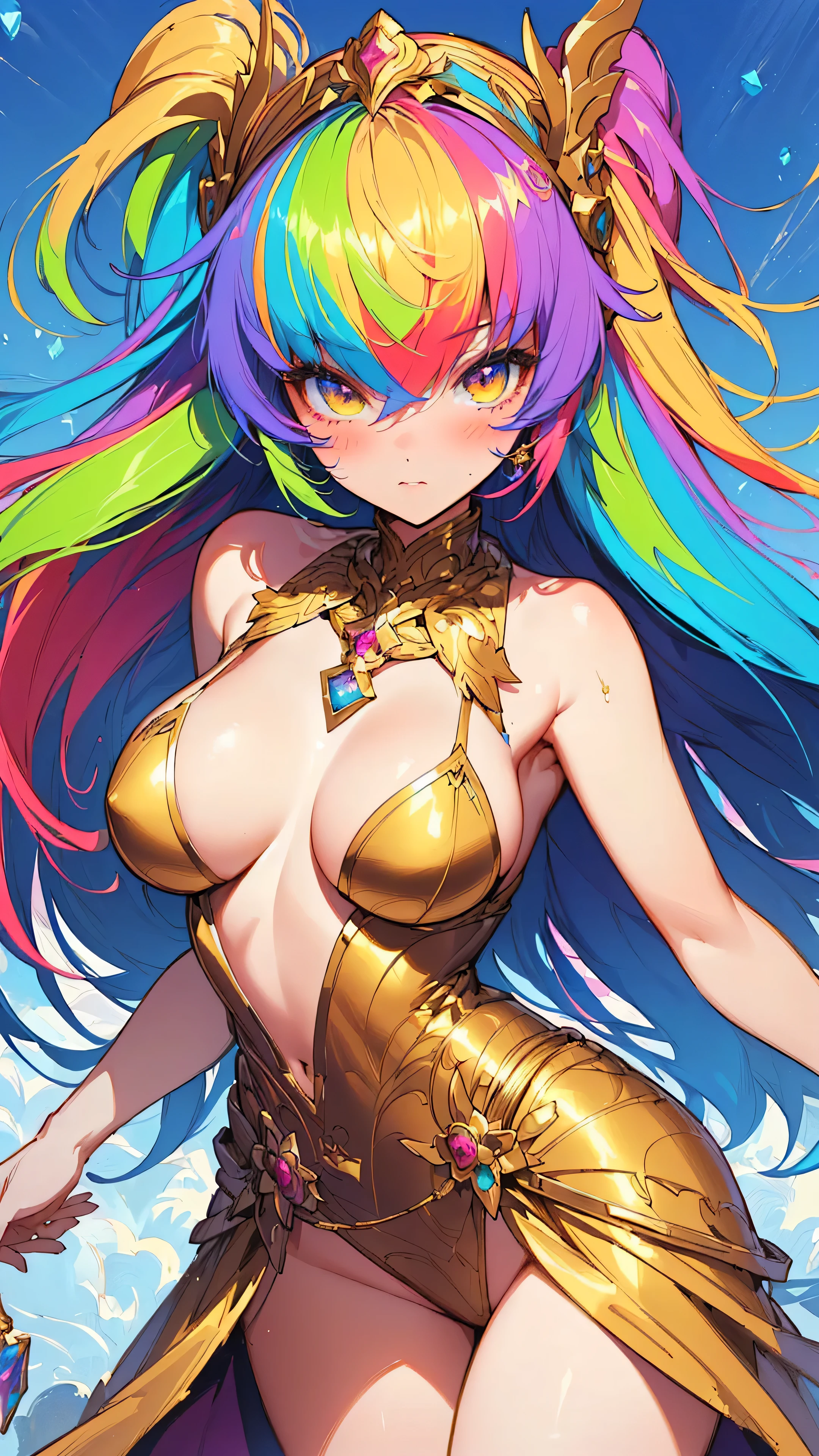 Close-up of a woman with colorful hair and gold clothing, Highly detailed art gems, portrait Zodiac Knight Girl, Zodiac Knight Girl, art germ colorful!!!, Anime Goddess, rossdraws cartoon vibrant, Artgerm Style, rossdraws pastel vivid, Enchanting anime girl, Style Art Germ, Art Station pixiv's artgerm