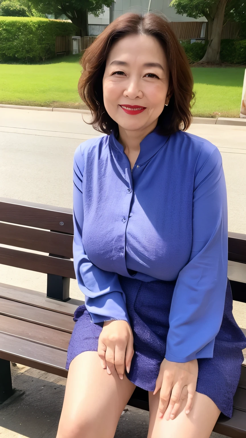 sitting on a park bench, Wrinkles around the eyes, Smiling with teeth showing, Plain short-sleeved clothing, senior citizen, Draw lips correctly, Red lipstick, No discomfort, 16K, Highest quality, Very detailed, Realistic, Very detailed肌, Japanese, alone, 60 years old, Large Breasts, , Glamour, sexy, , Staring straight ahead,