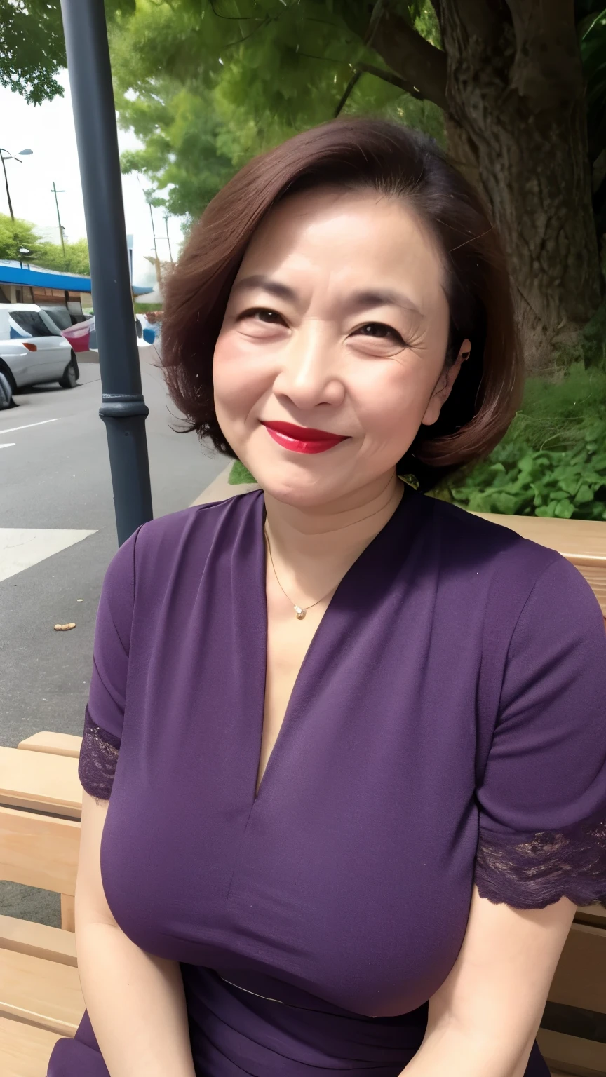 sitting on a park bench, Wrinkles around the eyes, Smiling with teeth showing, Plain short-sleeved clothing, senior citizen, Draw lips correctly, Red lipstick, No discomfort, 16K, Highest quality, Very detailed, Realistic, Very detailed肌, Japanese, alone, 60 years old, Large Breasts, , Glamour, sexy, , Staring straight ahead,