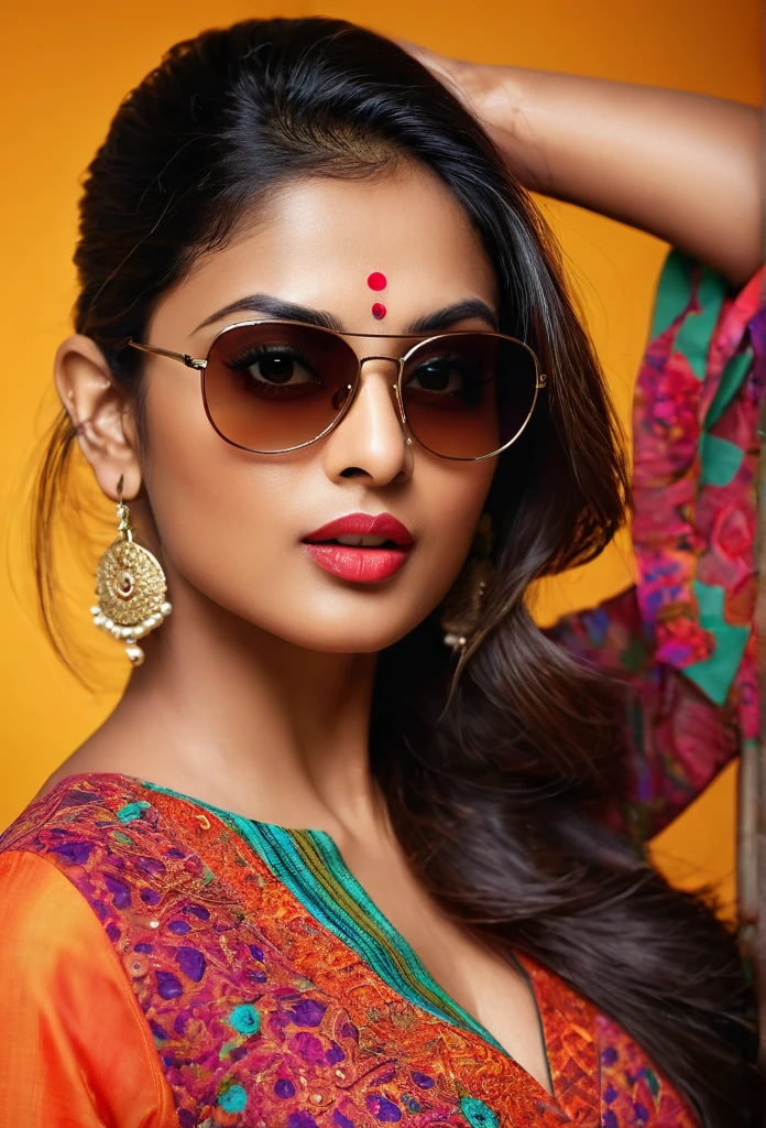 a beautiful indian woman wearing sunglasses, detailed portrait, sharp focus, high resolution, photorealistic, beautiful detailed eyes, beautiful detailed lips, extremely detailed face, longeyelashes, fresh and agile look, stylish outfit, dynamic pose, studio lighting, vivid colors, professional photography
