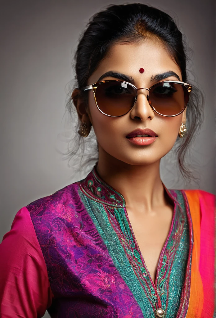 a beautiful indian woman wearing sunglasses, detailed portrait, sharp focus, high resolution, photorealistic, beautiful detailed eyes, beautiful detailed lips, extremely detailed face, longeyelashes, fresh and agile look, stylish outfit, dynamic pose, studio lighting, vivid colors, professional photography