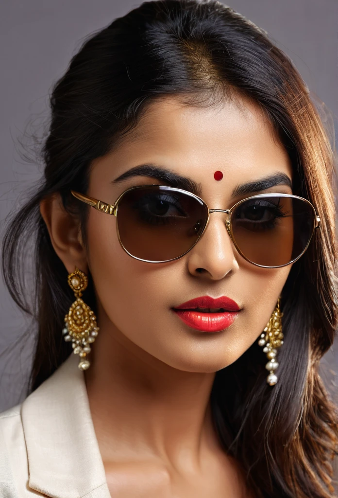 a beautiful indian woman wearing sunglasses, detailed portrait, sharp focus, high resolution, photorealistic, beautiful detailed eyes, beautiful detailed lips, extremely detailed face, longeyelashes, fresh and agile look, stylish outfit, dynamic pose, studio lighting, vivid colors, professional photography