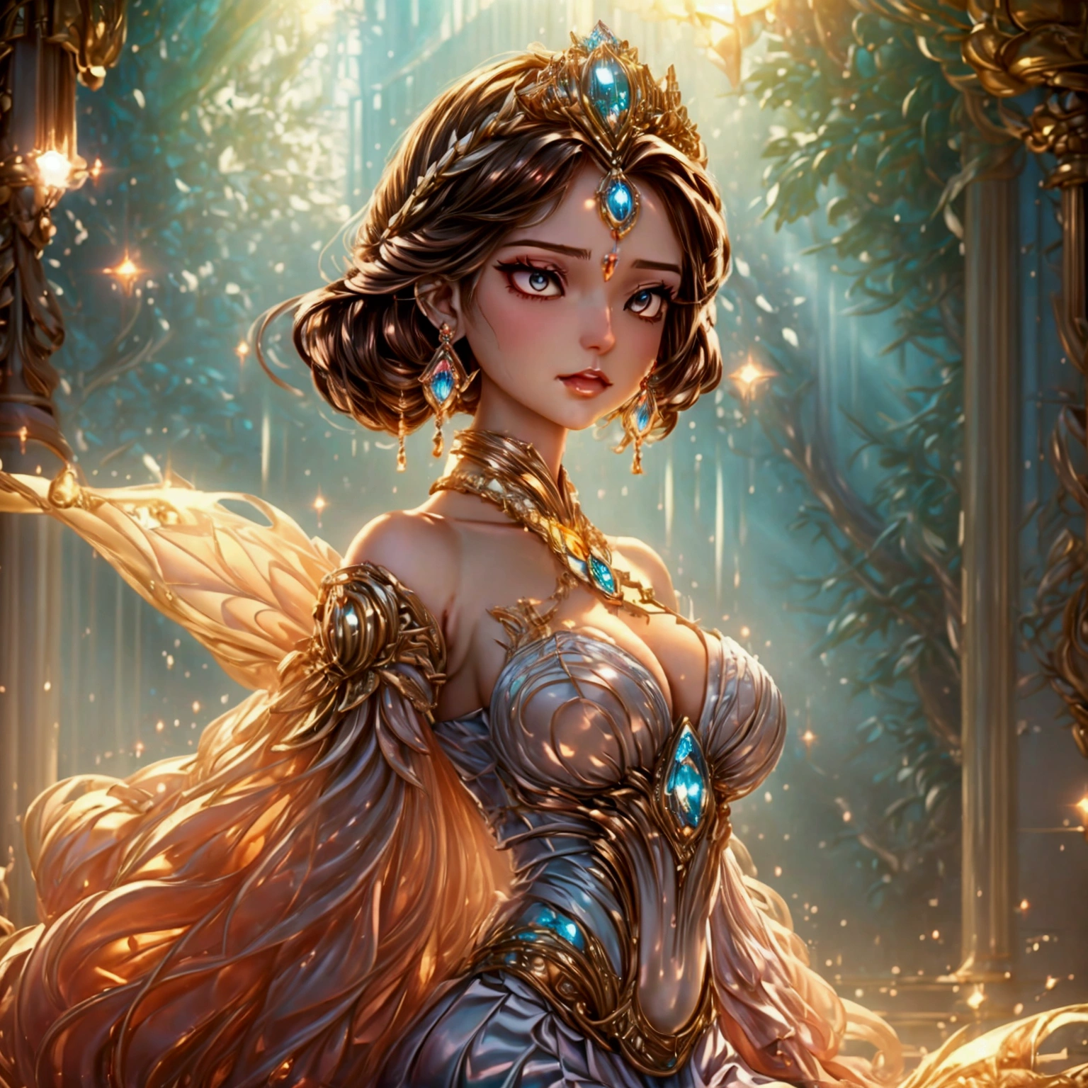 Design an anime-style character named Hana, styled as 'Enchanted Princess.' Hana should have a regal and captivating expression, with large, expressive eyes and a graceful pose. Outfit Hana in a luxurious gown that features glowing accents, intricate patterns, and ethereal fabrics, creating a sense of magic and elegance. Add a crown or tiara with mystical symbols and sparkling gems. The background should depict a fantasy castle or an enchanted forest, with soft, magical lighting and details like twinkling stars or floating orbs. Ensure the artwork conveys the grandeur, charm, and fairy-tale quality of an enchanted princess.