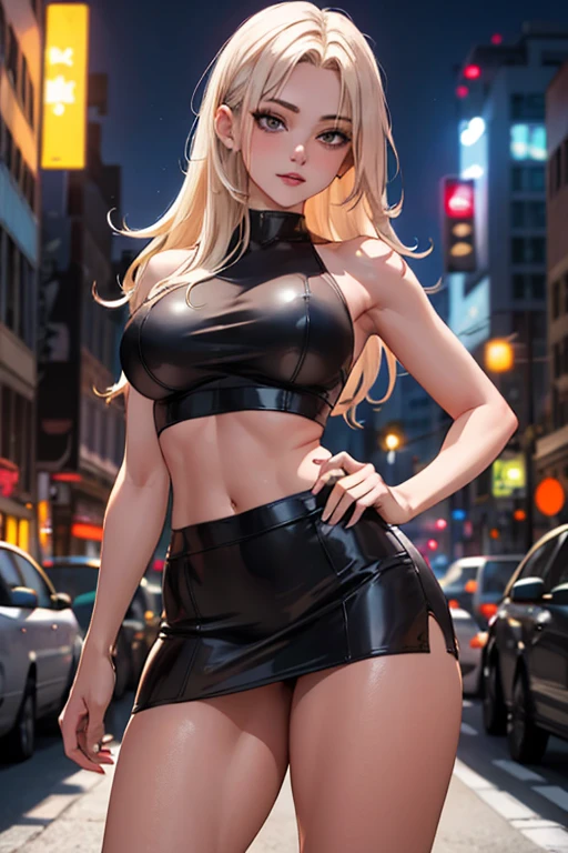 masterpiece, best quality, shadows, perfect hands, perfect legs, perfect anatomy, pretty face, mature features, 1 girl, 21 years old, MILF, mature woman, tight crop top, sexy leather skirt, city night background, white long hair, thighs, ass, breast, seductive, spicy, posing, cinematography lights,