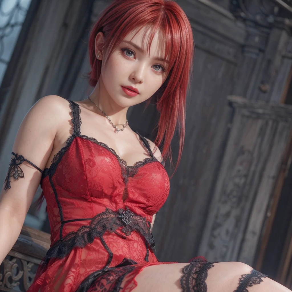 Ayane, Red hair, (best quality, Ultra-detailed), (realistic:1.37), beautiful and detailed face, ultra-realistic texture, delicate face, delicate body, red lipstick, long-lasting colors. high definition, 8K.