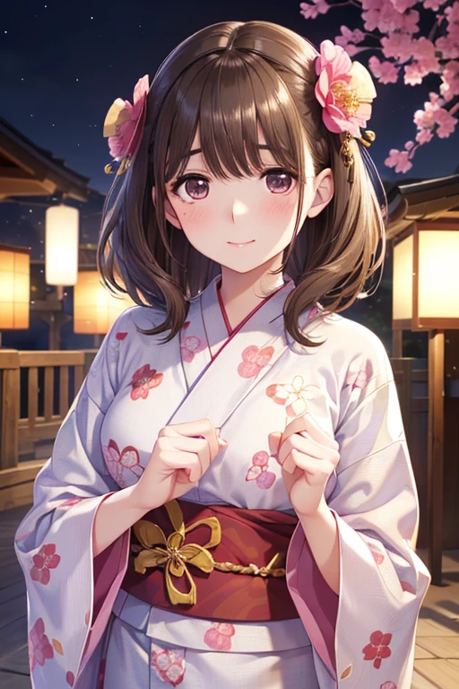 anegasaki nene、Shiny brown hair, short hair, (Beautiful brown eyes、Sparkling eyes, Fine grain)、smile、Ultra-detailed eyes、Highly detailed face, Highly detailed eyes,


(((masterpiece, Highest quality, High resolution, 超High resolution, Pixel perfect, Written boundary depth, 4K, RTTX10.0))),

5 biologically correct fingers、Realistic, (Pale skin: 1.2),  Realistic, Glowing Skin, Shiny Hair、
(25 year old woman with bangs) and (Wavy Hair) and (Brown Hair)  , (yukata) and (pink) and (Floral)、(sad:1.3), smile, The background is a Japanese park at night、alone、Are standing