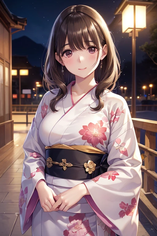 anegasaki nene、Shiny brown hair, short hair, (Beautiful brown eyes、Sparkling eyes, Fine grain)、smile、Ultra-detailed eyes、Highly detailed face, Highly detailed eyes,
(((masterpiece, Highest quality, High resolution, 超High resolution, Pixel perfect, Written boundary depth, 4K, RTTX10.0))),
5 biologically correct fingers、Realistic, (Pale skin: 1.2), Realistic, Glowing Skin, Shiny Hair、
(25 year old woman with bangs) and (Wavy Hair) and (Brown Hair) , (yukata) and (pink) and (Floral)、(sad:1.3), smile, The background is a Japanese park at night、alone、Are standing