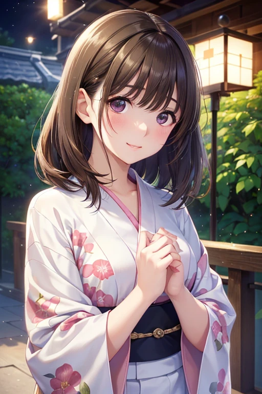 anegasaki nene、Shiny brown hair, short hair, (Beautiful brown eyes、Sparkling eyes, Fine grain)、smile、Ultra-detailed eyes、Highly detailed face, Highly detailed eyes,


(((masterpiece, Highest quality, High resolution, 超High resolution, Pixel perfect, Written boundary depth, 4K, RTTX10.0))),

5 biologically correct fingers、Realistic, (Pale skin: 1.2),  Realistic, Glowing Skin, Shiny Hair、
(25 year old woman with bangs) and (Wavy Hair) and (Brown Hair)  , (yukata) and (pink) and (Floral)、(sad:1.3), smile, The background is a Japanese park at night、alone、Are standing