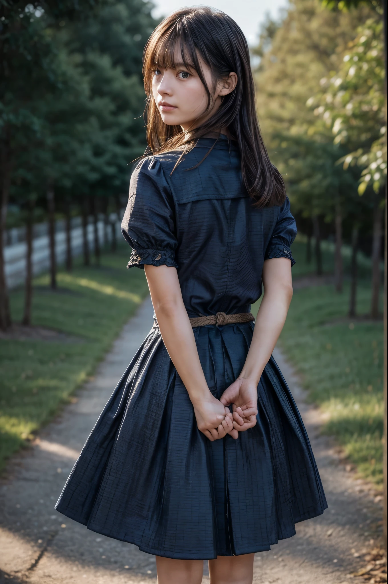 The woman has her hands tied、((Put your hands behind your back))、((Place your hands together and cross them behind your back))、(((Her wrists are tied with rope)))、shibari、Beauty、２０age、university student、(anatomicaly, Has two arms and two hands)、Standing on a hill at night、There are a lot of trees、Beautiful night sky、There are many stars、A strong wind is blowing、Wearing a short-sleeved blouse、Wear a long skirt、Uniform eyes、Proportioned proportionedium build、Small breasts、Small face、(I can see from head to heel), Black Hair, bangs, swept bangs, Straight hair, Nervous, Messy Hair, Floating hair, Cinema Lighting, tachi-e, First-person view, throw, From behind, F/1.2, Nikon, Cowboy Shot, Surrealism, 超High resolution, Highest quality, High resolution, 8k, Textured skin, anatomicaly正しい体,
