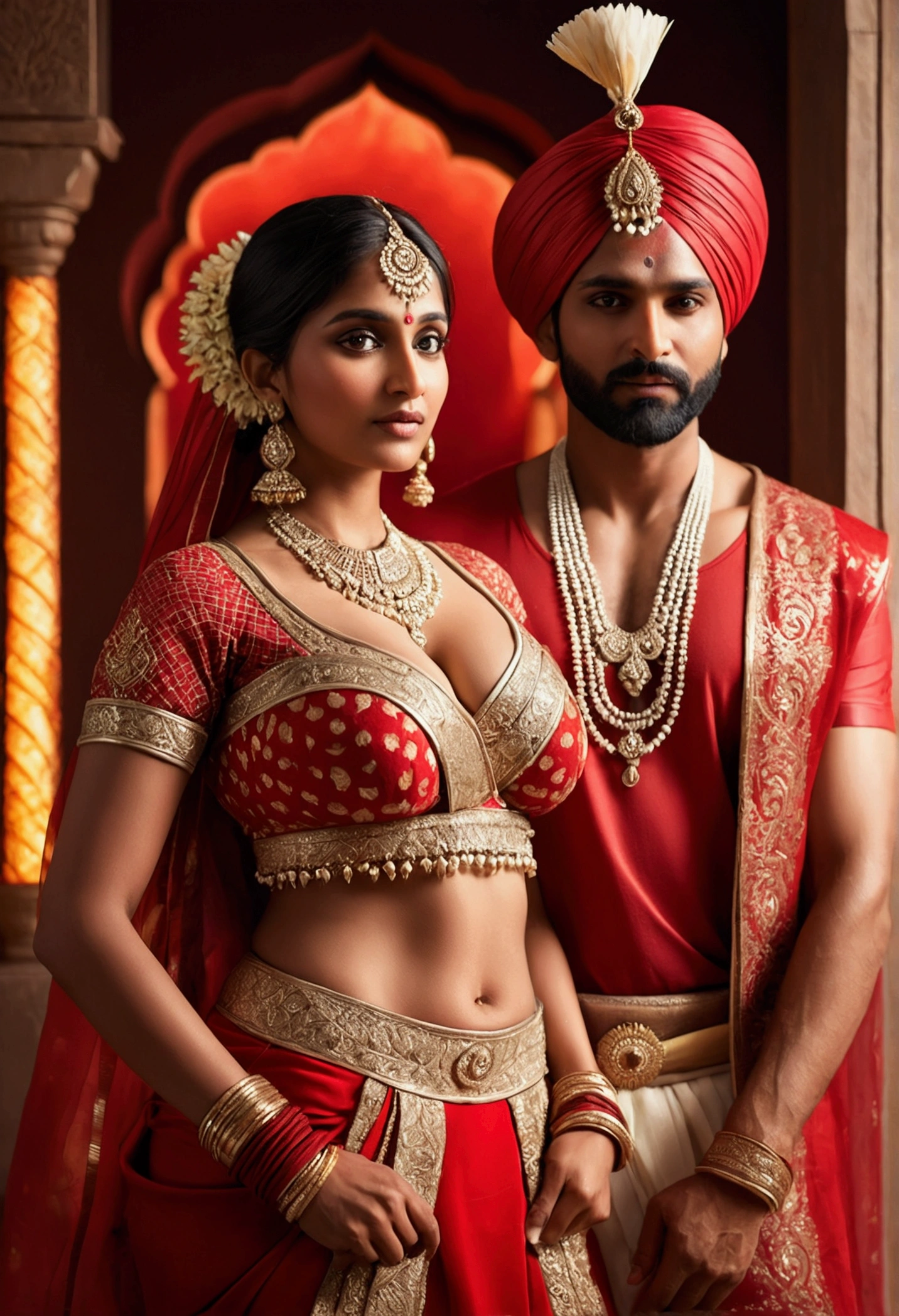 A beautiful Indian woman and man, women with large breasts and wearing a traditional red national costume, standing in a sexy pose,man is stand back in women highly detailed, 8k, photorealistic, masterpiece, dramatic lighting, vivid colors, soft focus, intricate details, elegant expression, classic Indian aesthetic, glowing skin, luxurious fabrics, graceful posture, captivating gaze,