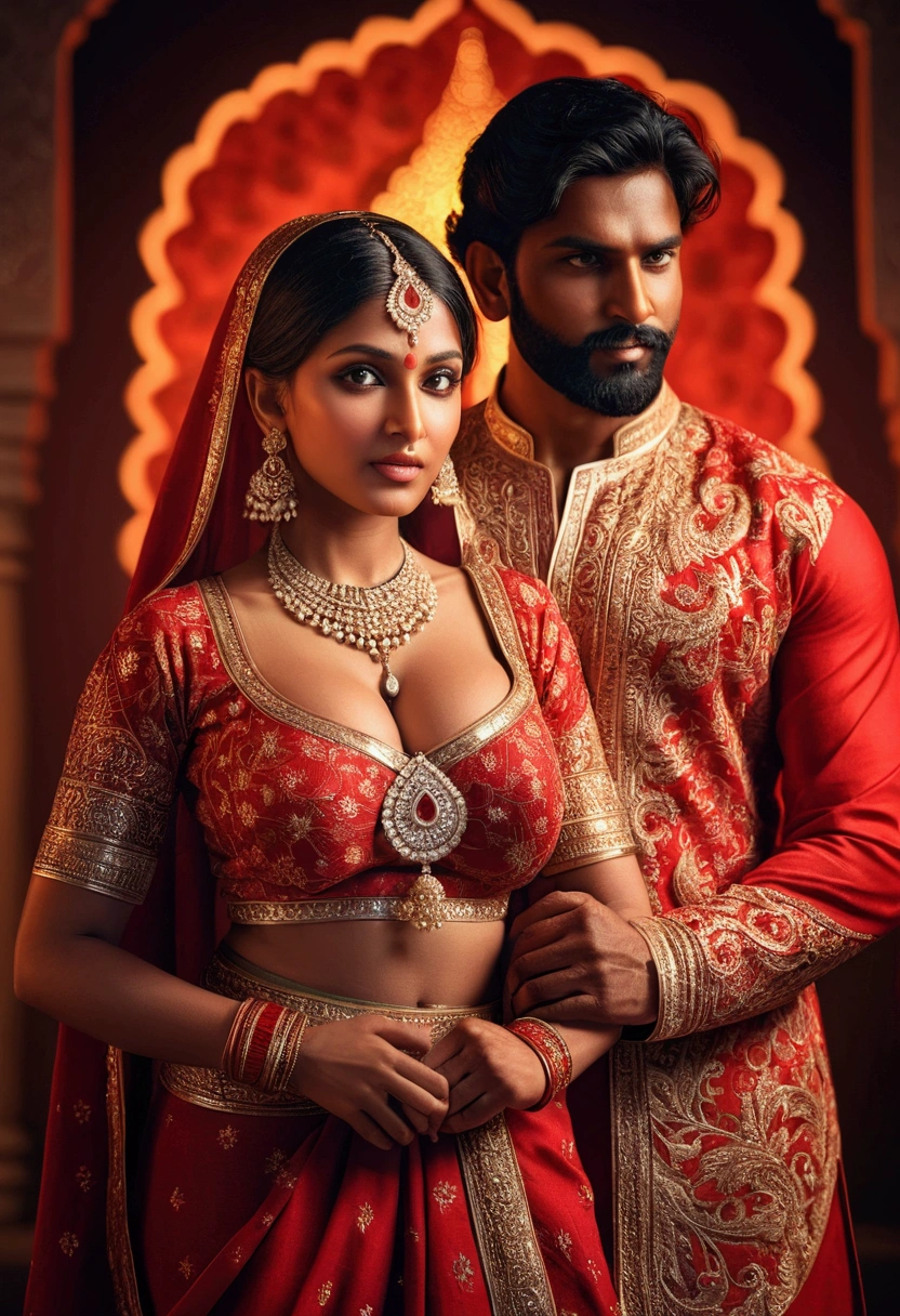 A beautiful Indian woman and man, women with large breasts and wearing a traditional red national costume, standing in a sexy pose,man is stand back in women highly detailed, 8k, photorealistic, masterpiece, dramatic lighting, vivid colors, soft focus, intricate details, elegant expression, classic Indian aesthetic, glowing skin, luxurious fabrics, graceful posture, captivating gaze,