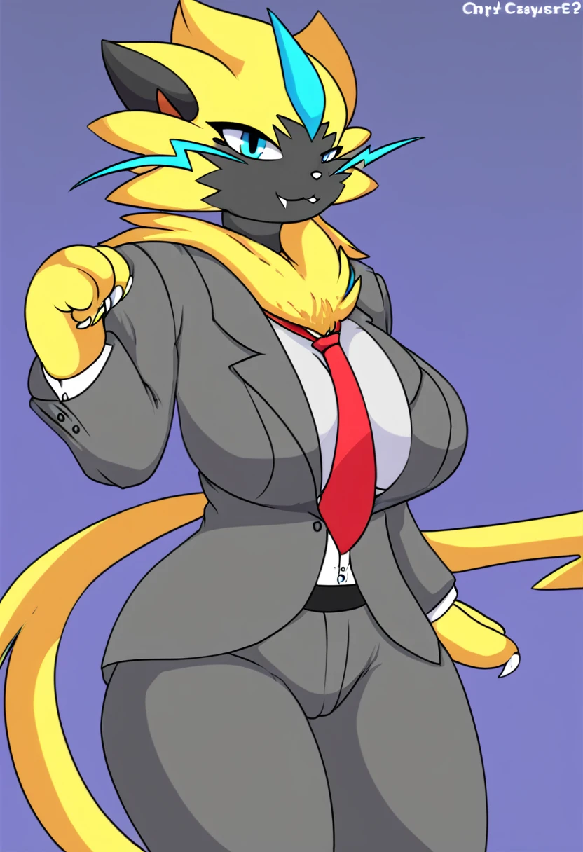 Zeraora, female, big tits and ass, business suit, grey suit, red tie