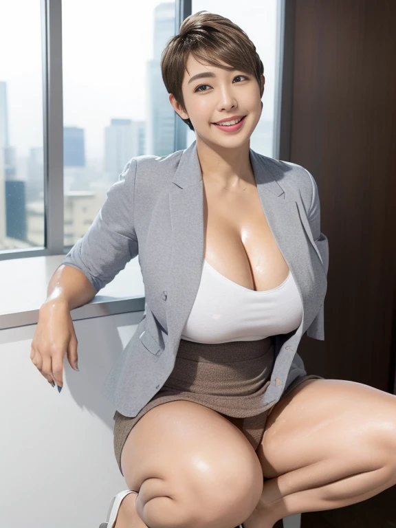 In 8K、Ultra-high resolution、Highest quality、Masseter muscle area、Photorealistic、Ultra-high resolution、(Huge 、Quite large breasts、Huge cleavage、Toned body:1.3)(Always an office lady、Wet white shirt、must wear a gray tight skirt and jacket、Office in a high rise building:1.3)(Extremely short brown hair、Japanese women、very cute、Cute Smile:1.28)Black Pin Heels,(((Full body photo))),((Detailed face:1.5)),((((Extremely short hair:1.2))))、Sexy thick thighs