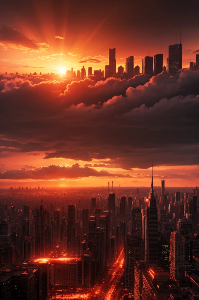 A red sunset over a devastated metropolis, with zombies emerging from the darkness hyper realistic