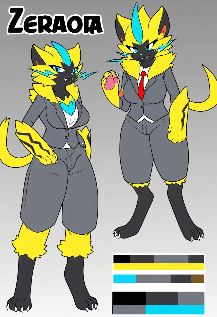 Zeraora, female, big tits and ass, business suit, grey suit, red tie, ref sheet, reference sheet