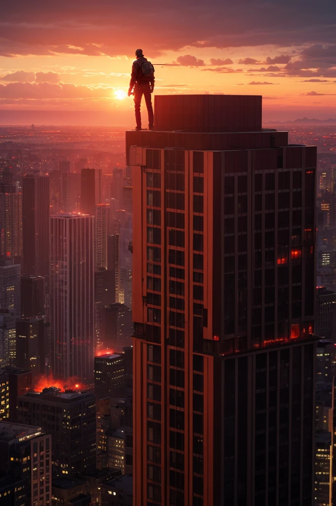 Man on top of a building looking at the red sunset over a devastated metropolis, with zombies emerging from the darkness hyper realistic