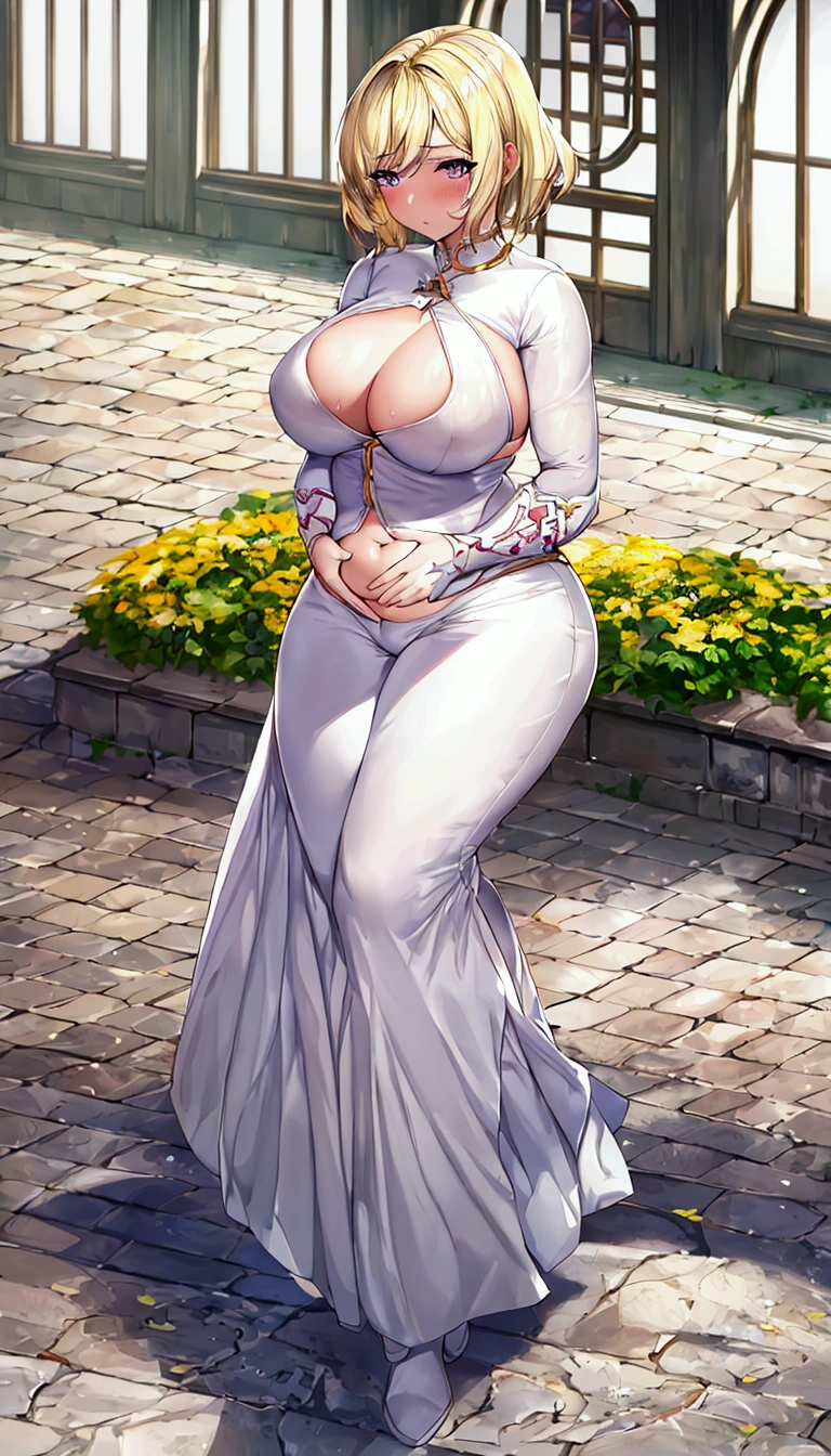 (masterpiece, Best quality, 8 K, Sharp Focus, depth of field, BEST SHADOWS, Perfect light, HDR, realistic skin texture, ultra-detailed background, detailed), anime style, genshin impact, Traveler, Young woman, 1 Young woman, blonde, short hair, blonde, amber eyes, beautiful eyes, Perfect eyes, expressive eyes, beautiful nose, medium breast, beautiful breasts, Fat basin, fat body, thick legs, Thick arms, fat belly, Fat butt, White pantaloons, White boots, white knee-length dress, a cold, runny nose, sneezes, Covers nose with hands, standing, full length, Full body.