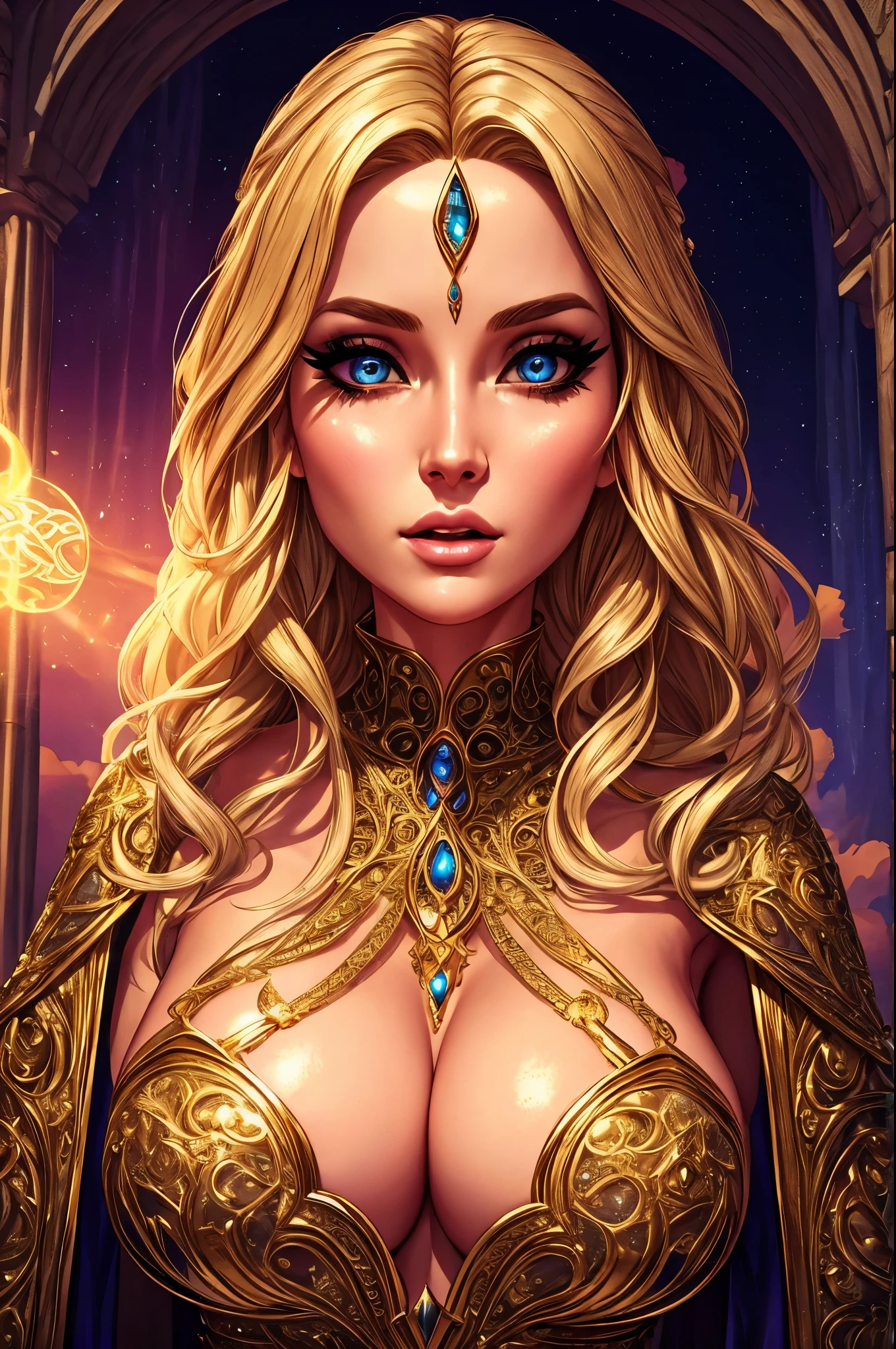 blonde sorceress, transparent robe, beautiful detailed face, beautiful detailed eyes, beautiful detailed lips, long eyelashes, cast spell, magical energy, mystical fantasy, dramatic lighting, cinematic, intricate details, hyper-realistic, 8k, masterpiece