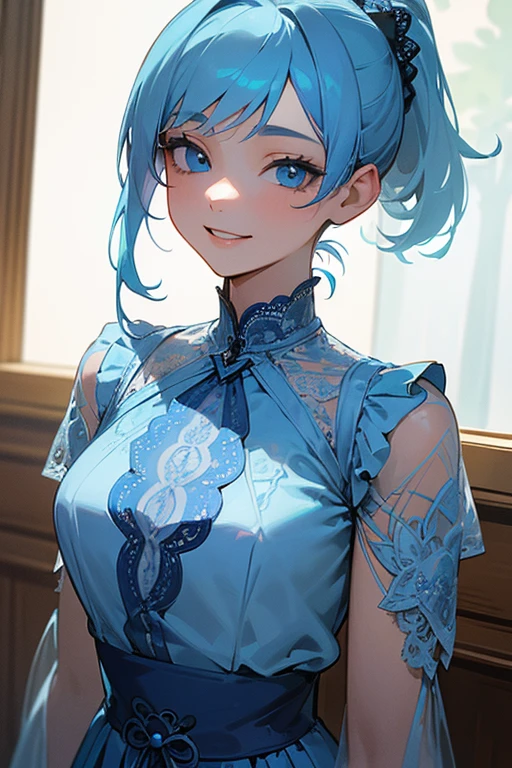 (masterpiece: 1.2, Highest quality), (Actual Photos, Intricate details), 1. woman, alone, Upper Body, casual, Shoulder-length hair, Minimal makeup, Natural materials, Face close-up, smile, Home, (Light blue hair).blue eyes, Shoulder Bare、Smiling with teeth showing、((Blue lace outfit))、ponytail、(In the gap between my breasts).