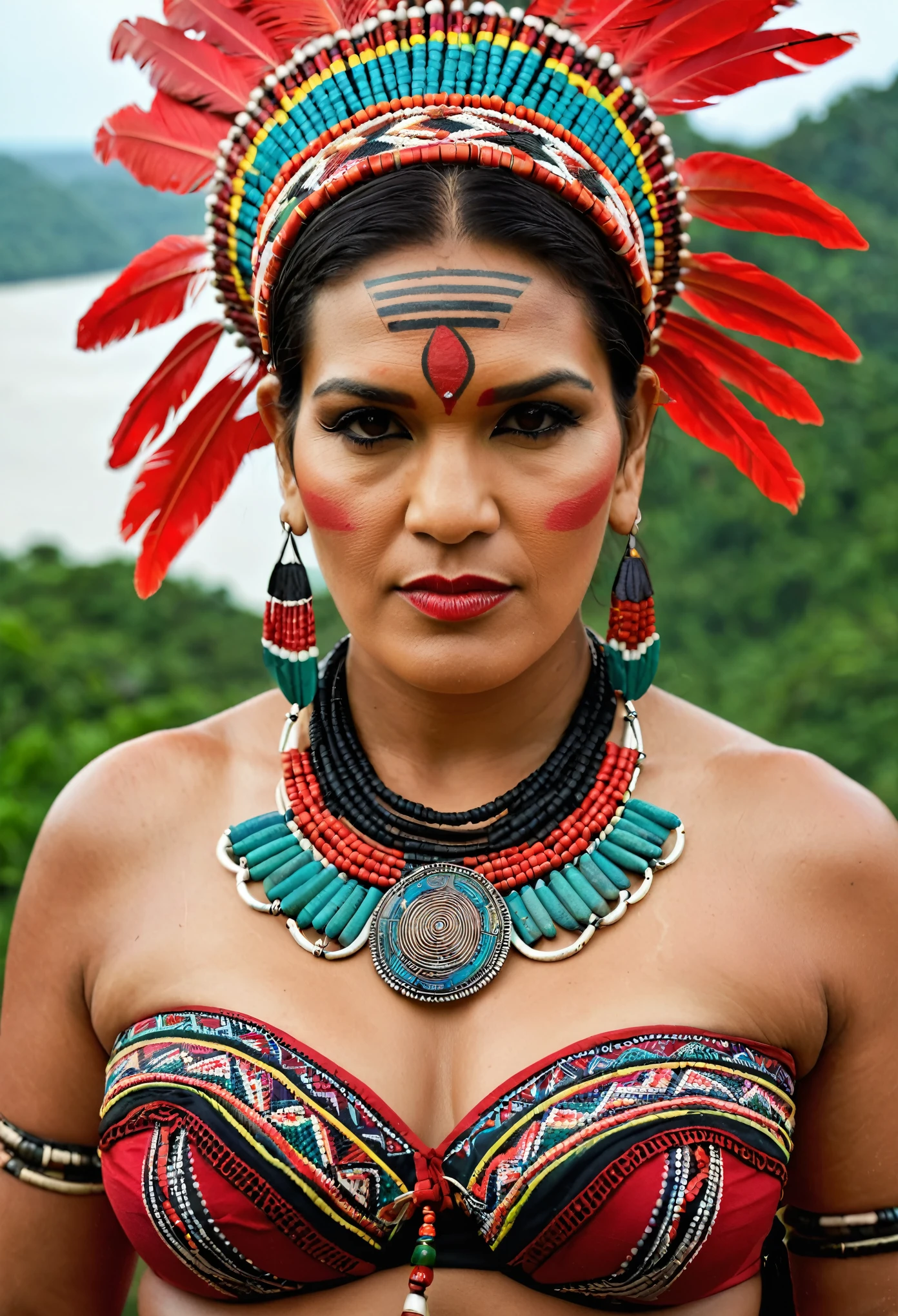 Looks like Kriti Sanon, Portrait of a close-up face of a beautiful gorgeous Native Amazonian Woman, 50 years old, full figured Amazon woman, beautiful mature woman, thick fleshy figure, heavy physique, curvy, with the Amazon River behind her, ethnic tribal strapless bandeau Bra, red face paint across her eyes, large trible bead necklace covering the chest, headdresses, trible skirt, tribal tattoos, zavy-cnmtc, looking at viewer, atmospheric haze, cinematic still, dynamic lighting, movie screencap, moody, film.