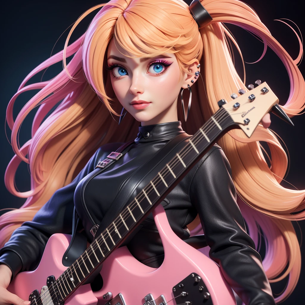 masterpiece, best quality,3d rending work,3DMM style, close-up, portrait, 3D,1girl, solo, perfect face, long hair, Electric guitar band black clothes, long blonde hair dyed with pink and with cute fluffy bangs well styled, hair dyed with pink color, detailed light blue eyes highlight light reflecting in her eyes, looking straight to the viewer, realistic, upper body, concert background, colorful lighting, lips, edgy makeup, black shade of makeup on eyelids, ear piercing, fair skin, perfect hourglass body, she has sharp jawline, holding a black electric guitar, The artwork should have the best quality, with ultra-detailed and realistic features. The color palette should be vivid, and the lighting should emphasize the character's facial structure and expression.