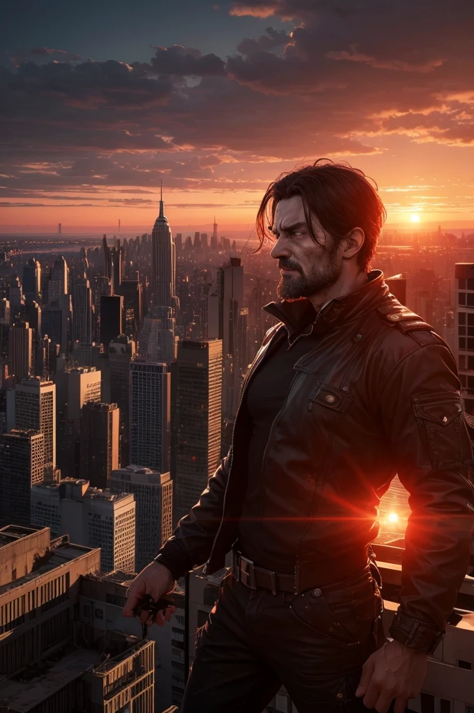 Man on top of a building looking at the red sunset over a devastated metropolis, with zombies emerging from the darkness hyper realistic