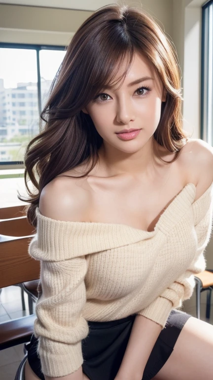 (UHD, masterpiece, anatomically correct, textured skin, super detail, best quality, highres, 8k, bloom, Front Light:1.2, Perfect dynamic composition), (24-years-old, 1 person, Cute and sexy high school teacher), (Sexy Face, Long face, Distant eyes, Gentle eyelids, Thin eyebrows, Gentle corners of the eyes, Hawk-like nose), (Gal Makeup), (eyeliner), (completely charm you), (Eyes that feel erotic), (A taste of beautiful eroticism), (Too cute beauty), (White off-shoulder knit), (Tight Skirt:1.3), (Captivating smile:1.0), (Light Brown Hair:1.4), (Long Hair, Inward curled hair, bangs, Smooth Hair), (Busty Breasts), (Straddling a chair:1.3), (Taken from below:1.0), Kitagawa Keiko, (Close up on chest:1.3), (School classroom, window, blackboard, Rows of desks, Chair, Fluorescent lamp, ceiling, sunlight), (Beautiful crotch), (Beautiful thighs)