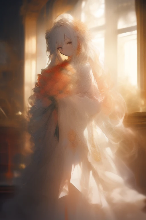 masterpiece, Highest quality, Very detailed, Abstract、Full body photo, Cowboy Shot, Three-part method, darkness, Shine, green, High saturation、sketch、Handwriting、watercolor、(Super blurry:1.2)、A young woman standing in a sunlit room, holding a bouquet of flowers close to her heart. She has a gentle, melancholic expression, with long, flowing hair and a simple yet elegant dress. The room is filled with soft, warm light filtering through sheer curtains, casting a golden glow on the wooden floor and delicate furniture. The scene captures a sense of longing and tender farewell, evoking the emotional depth of Utada Hikaru’s ‘Hanataba wo Kimi ni,’ with an atmosphere of bittersweet love and poignant beauty reflected in the woman’s demeanor and the serene, nostalgic surroundings, (((long strong curly hair))),(((Voluminous Hair))),(((Curly hair)))、A very very precious bouquet、The whole atmosphere is orange、More volume、Blur more、evening、Backlight
