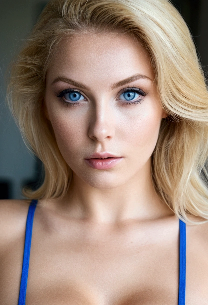 Belle blonde aux yeux bleus seins nus, grosses cuisses, regard face camera