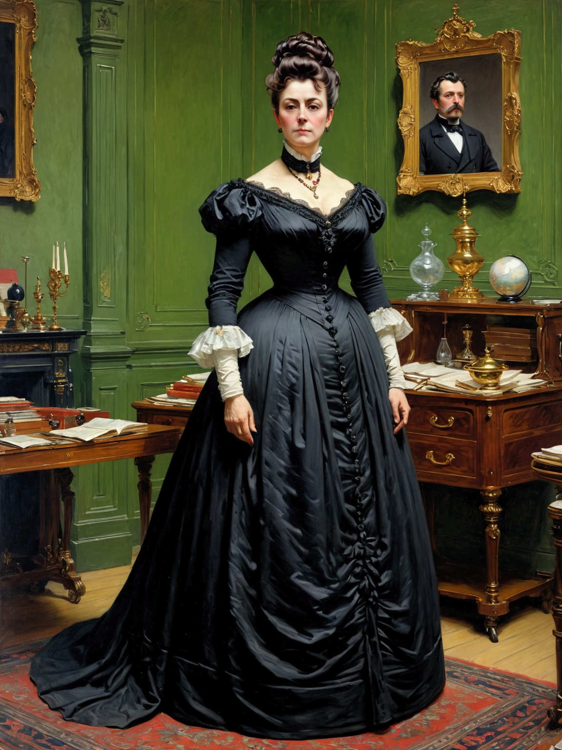 Full-length view, a tall, buxom, full-figured, pretty Victorian mature widow in a black dress and opulent updo hairstyle, standing in a Victorian office looking strict, by Jean Béraud, inspired by Jean Béraud, inspired by Édouard Detaille, edouard leon cortes, inspired by Ivan Kramskoi, inspired by Jean-Louis-Ernest Meissonier, by Édouard Detaille, inspired by Paul Émile Chabas