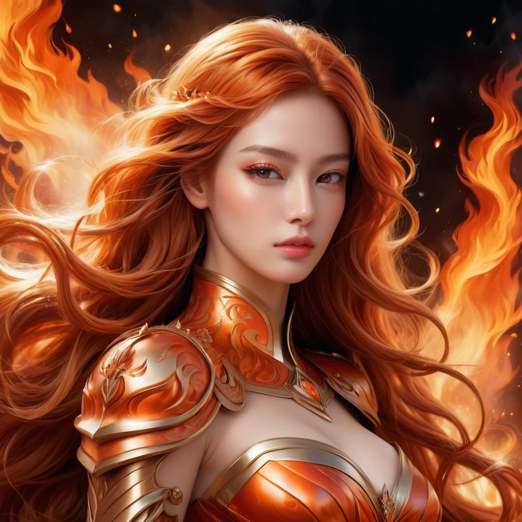 "Transport yourself into a world of fantasy with this visually striking digital artwork, showcasing a powerful female figure with fiery orange locks and a regal golden outfit, set against a backdrop of flames."