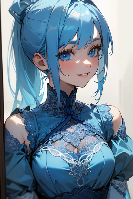 (masterpiece: 1.2, Highest quality), (Actual Photos, Intricate details), 1. woman, alone, Upper Body, casual, Shoulder-length hair, Minimal makeup, Natural materials, Face close-up, smile, Home, (Light blue hair).blue eyes, Shoulder Bare、Smiling with teeth showing、((Blue lace outfit))、ponytail、(In the gap between my breasts).