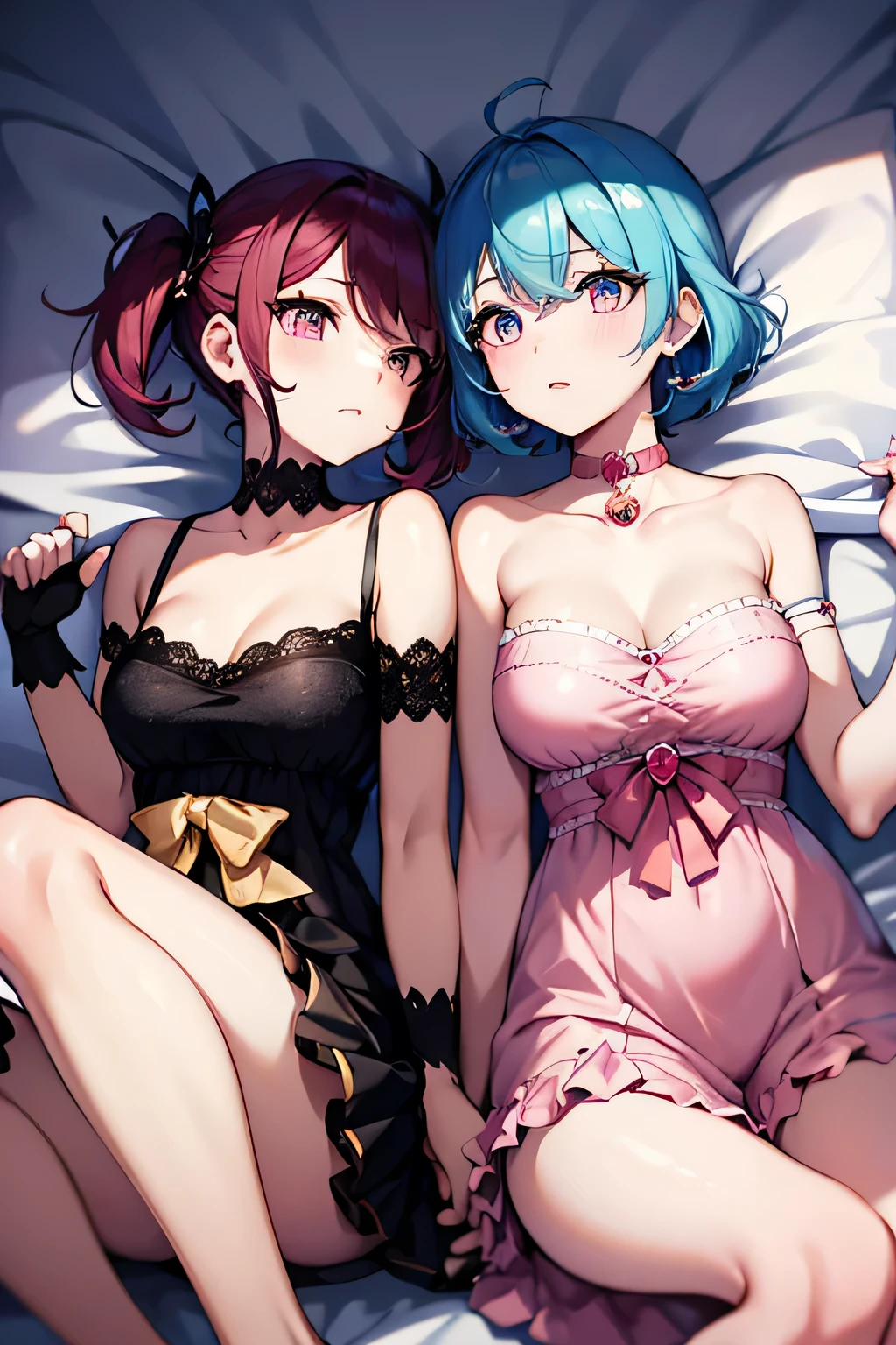 blue short hair, side bangs, pink eyes, red sleeveless high neck blouse, black fingerless gloves, Golden earing, Dog Collar, catchy expression, lie on a bed with your knees raised, hand close to mouth, 1 , longye hair,