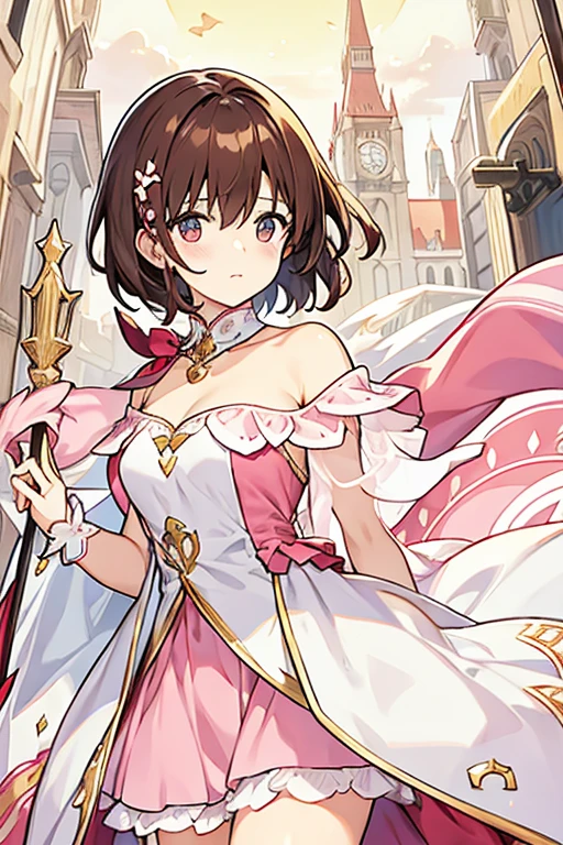 women, short brown hair covering one eye, white shoulder cape, pink dress, judge