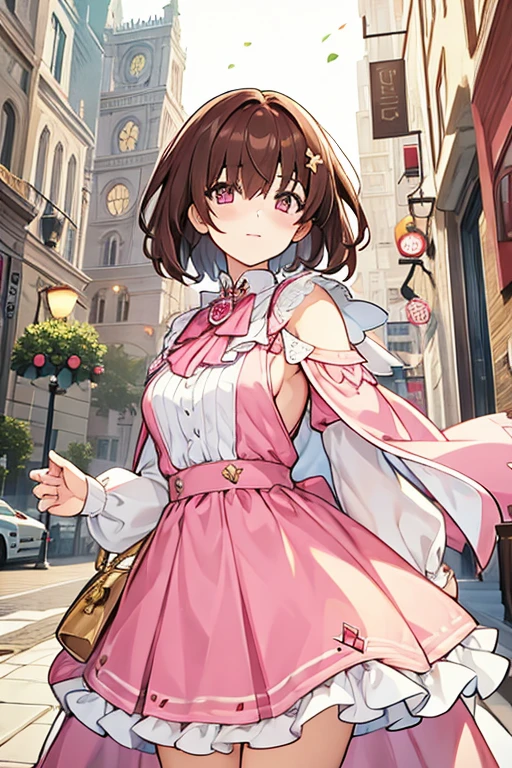 women, short brown hair covering one eye, white shoulder cape, pink dress, judge