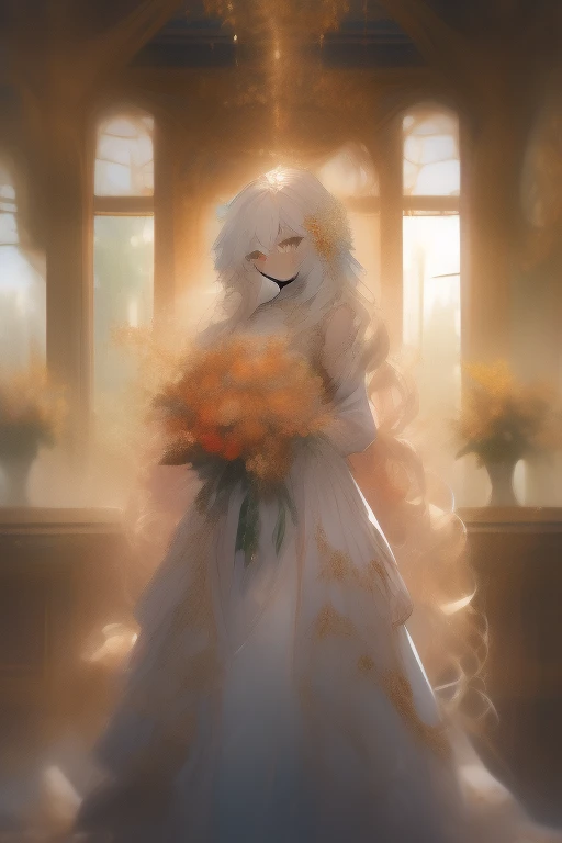 masterpiece, Highest quality, Very detailed, Abstract、Full body photo, Cowboy Shot, Three-part method, darkness, Shine, green, High saturation、sketch、Handwriting、watercolor、(Super blurry:1.2)、A young woman standing in a sunlit room, holding a bouquet of flowers close to her heart. She has a gentle, melancholic expression, with long, flowing hair and a simple yet elegant dress. The room is filled with soft, warm light filtering through sheer curtains, casting a golden glow on the wooden floor and delicate furniture. The scene captures a sense of longing and tender farewell, evoking the emotional depth of Utada Hikaru’s ‘Hanataba wo Kimi ni,’ with an atmosphere of bittersweet love and poignant beauty reflected in the woman’s demeanor and the serene, nostalgic surroundings, (((long strong curly hair))),(((Voluminous Hair))),(((Curly hair)))、A very very precious bouquet、The whole atmosphere is orange、More volume、Blur more、evening、Backlight、More hair on screen