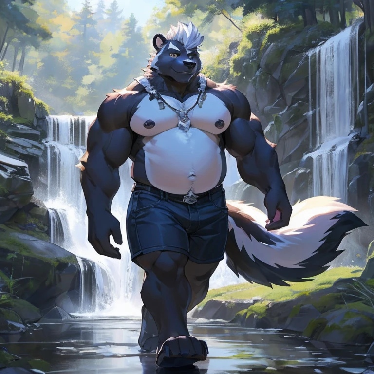 solo, anthro, furry, furry male, skunk,((short fur,furry, shaggy fur, opaque fur)), (skunk print), black pupils, white sclera, black body, black fur, indigo eye, skunk tail, detailed fur, detailed face, detailed eyes, bare chest, (tight jean shorts), the woods, hiking trail, lake with waterfall, (by null-ghost,by raccoon21, masterpiece, high quality, hi-res, 8k, hd, dark), walking, looking at viewer, day, gentle expression, musclegut skunk man, muscular, big belly, fat belly, obese belly, pillowy pectorals, soft pectorals, big pectorals, weight-lifter build, black fur, indigo eyes, pink nipples, pierced nipples, pink pawpads, mid 30s, relaxed, lazy, indigo smoke, Mohawk