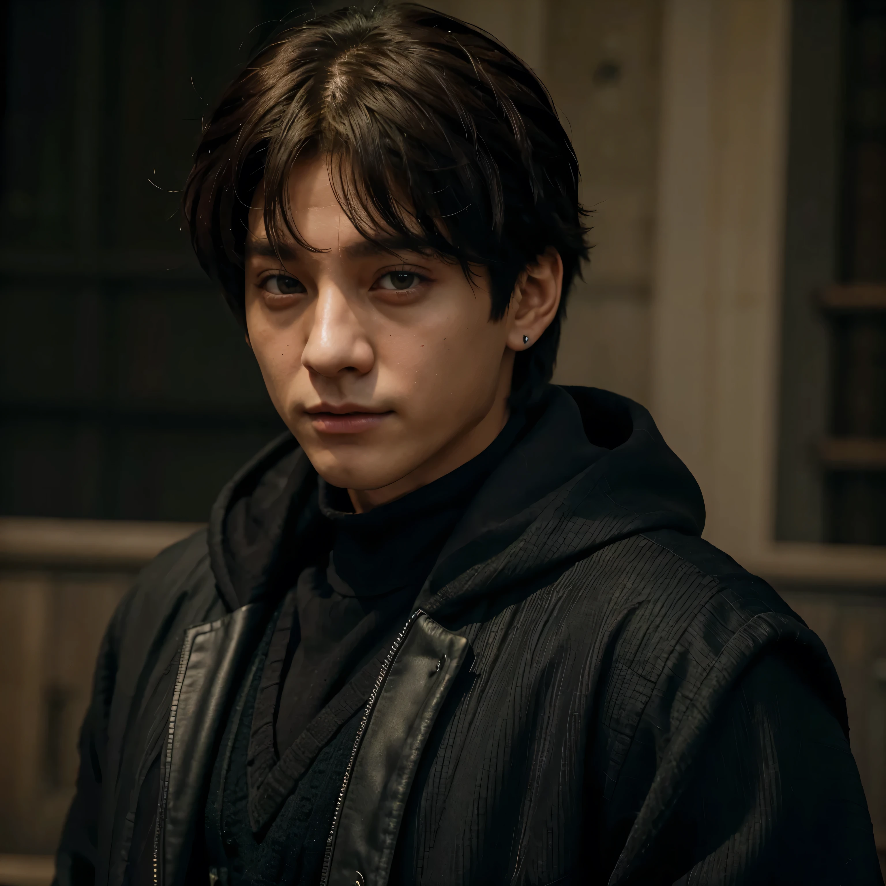 Jungkook do BTS, Bblack hair, com a vestes da grifinoria de Harry Potter, holding a wand.