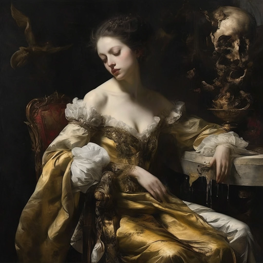 Baroque aesthetics, Integrate surreal elements, a play of light and shadow to enhance the melancholic atmosphere, Use nuanced lighting, emotional depth and mystery within the composition, Emulate the intricate and detailed style of Nicola Samori, infusing the artwork with very subtle distortions and surreal anatomical abnormalities. Strive for a delicate balance between the elegance of Baroque opulence and the surreal beauty, Utilize a somber color palette characterized by muted tones and desaturated hues to convey a pervasive sense of melancholy, half naked, rotting inside