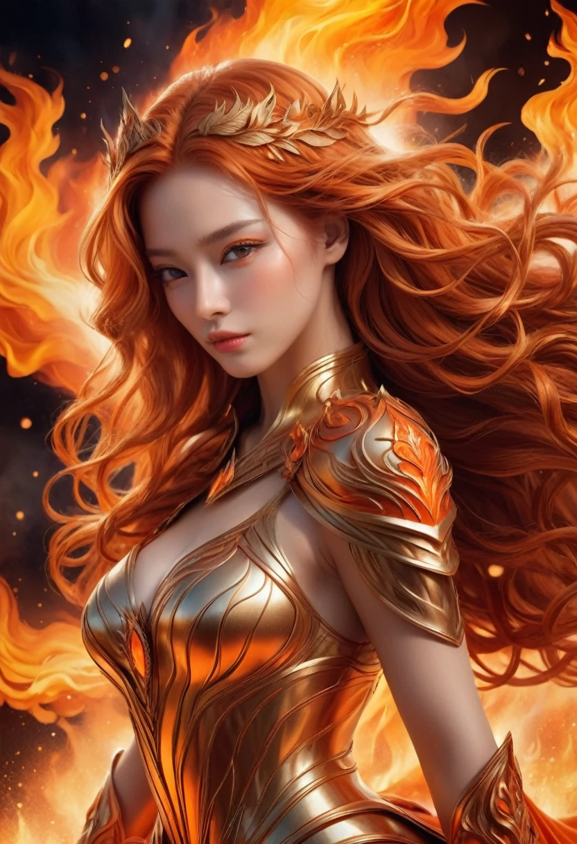 "Transport yourself into a world of fantasy with this visually striking digital artwork, showcasing a powerful female figure with fiery orange locks and a regal golden outfit, set against a backdrop of flames."