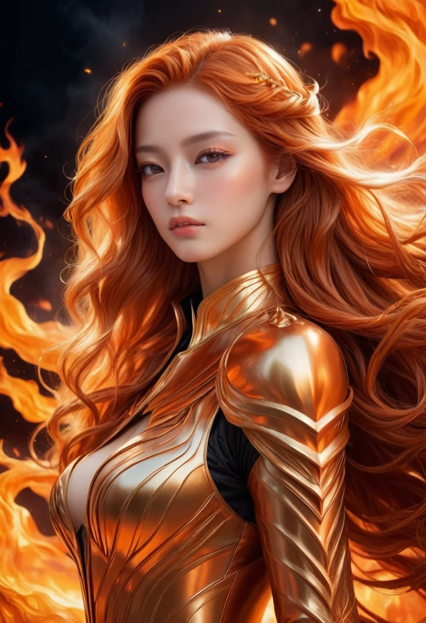"Transport yourself into a world of fantasy with this visually striking digital artwork, showcasing a powerful female figure with fiery orange locks and a regal golden outfit, set against a backdrop of flames."
