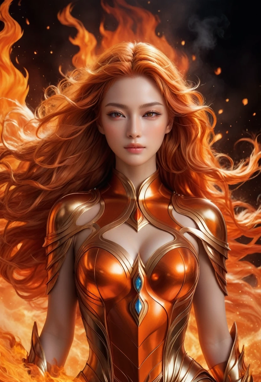 "Transport yourself into a world of fantasy with this visually striking digital artwork, showcasing a powerful female figure with fiery orange locks and a regal golden outfit, set against a backdrop of flames."