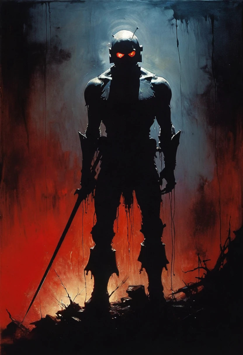 (Little Wax Man) styled by Ashley Wood. Stephen Gammell. Frank Frazetta. masterpiece. Best quality. Beautiful cinematic impressionistic painting, dark scarlet background, Chemiluminescence. (animation fairytale background) (Minimalism:1), original details.