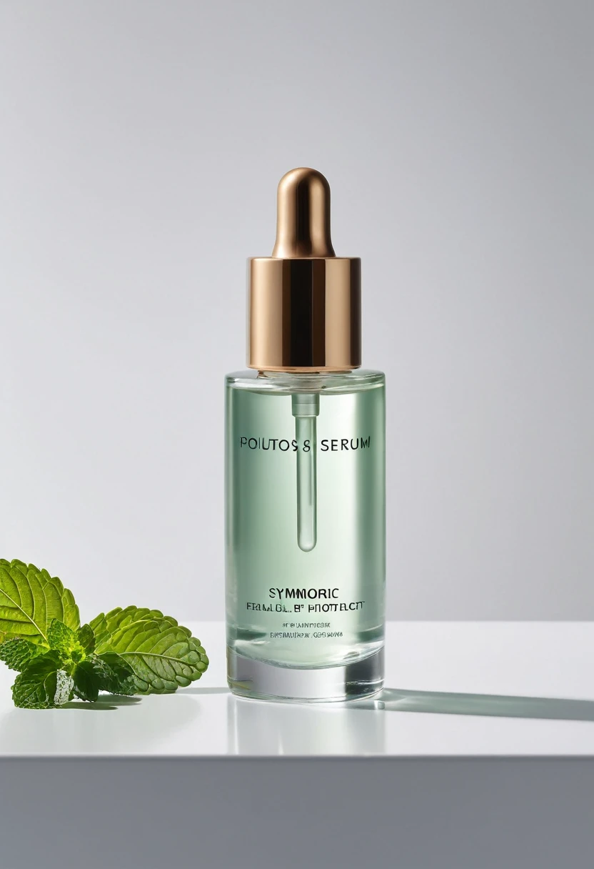 Professional studio product photography, ((high studio quality)), ((studio lighting)), ((clear details)), rejuvenating facial serum with mint extract, glass aesthetic bottle with pipette, restrained minimalist style, ((symmetry, central symmetry, symmetrical photo)), ((serum stands on a round podium)), ((light monochromatic delicate background:1.3)), serum stands close to the camera, ((beautiful sticker on the serum, perfect even clear letters)) , photorealism, photorealistic, ultra realistic, 8k