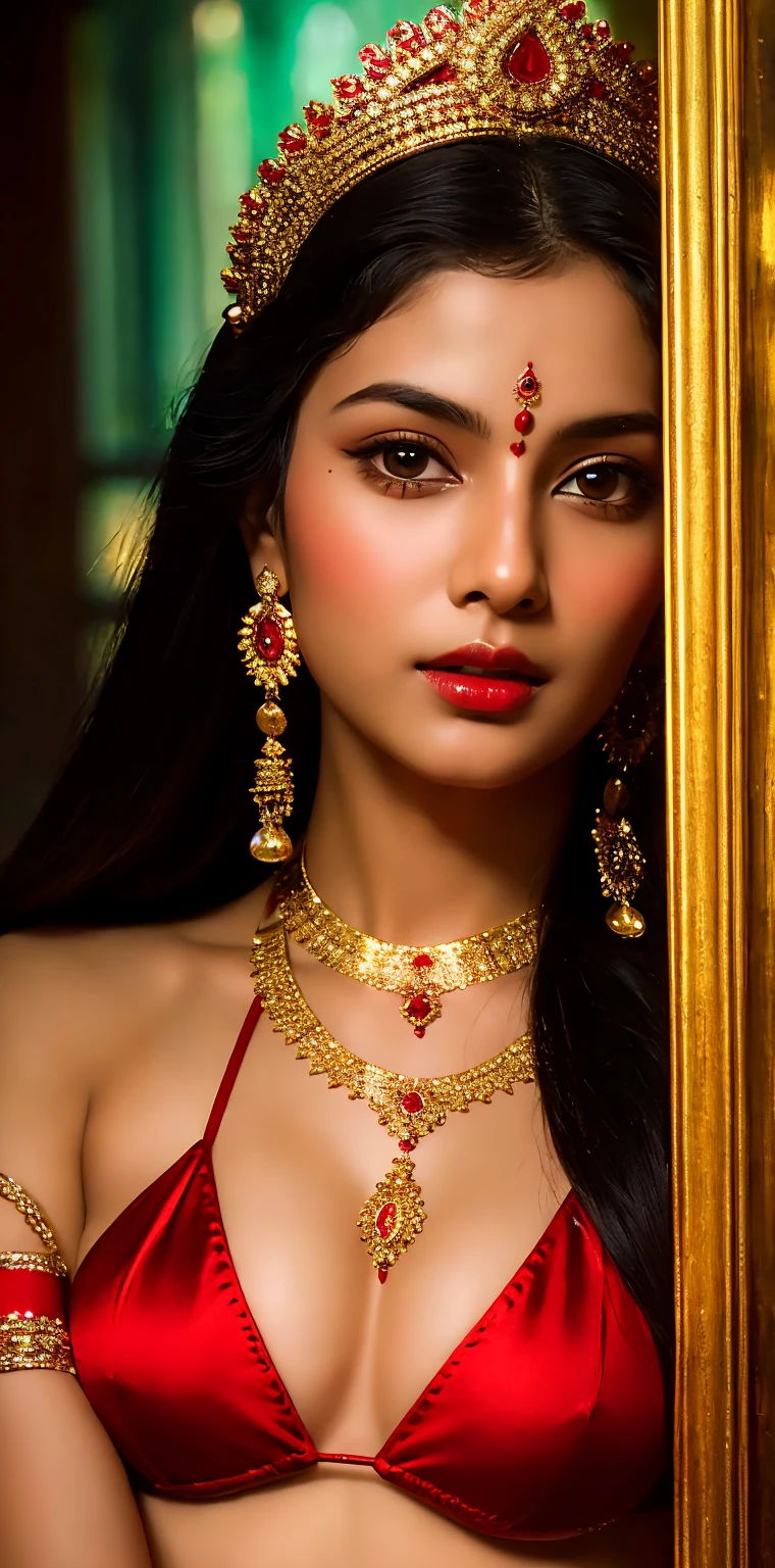 a woman in a red bikini and gold jewelry posing for a picture, a portrait inspired by Hedi Xandt, reddit, fantasy art, indian goddess, indian, traditional beauty, sexy girl with dark complexion, provocative indian, indian super model, beautiful goddess, gorgeous woman, sexy movie photo, with beautiful exotic, hindu aesthetic, indian style, sexy girl