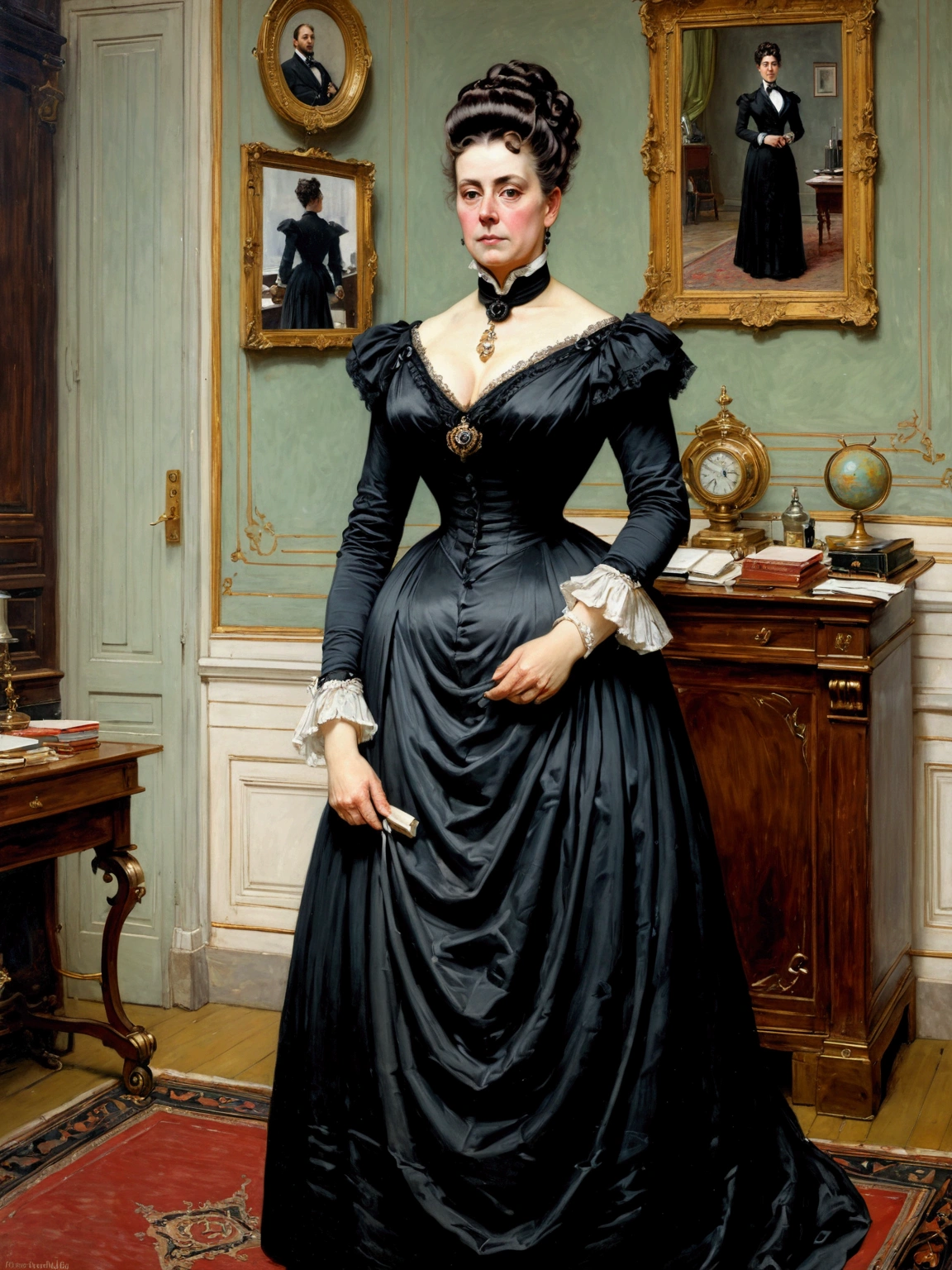 Full-length view, a tall, buxom, full-figured, pretty Victorian mature widow in a black dress and opulent updo hairstyle, standing in a Victorian office looking strict, by Jean Béraud, inspired by Jean Béraud, inspired by Édouard Detaille, edouard leon cortes, inspired by Ivan Kramskoi, inspired by Jean-Louis-Ernest Meissonier, by Édouard Detaille, inspired by Paul Émile Chabas