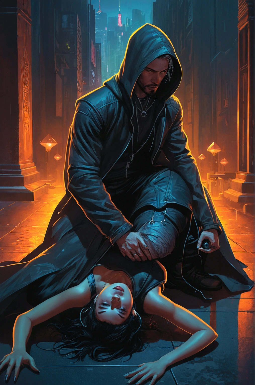 there is a woman kneeling down next to a man in a hooded jacket, stylized urban fantasy artwork, novel cover art for a book, cyberpunk dark fantasy art, in a cyberpunk setting, cyberpunk digital painting, cyberpunk horror style, cyberpunk dark fantasy, shadowrun splash art, in cyberpunk style, cyberpunk noir, litrpg novel cover, abaddon and magali villeneuve