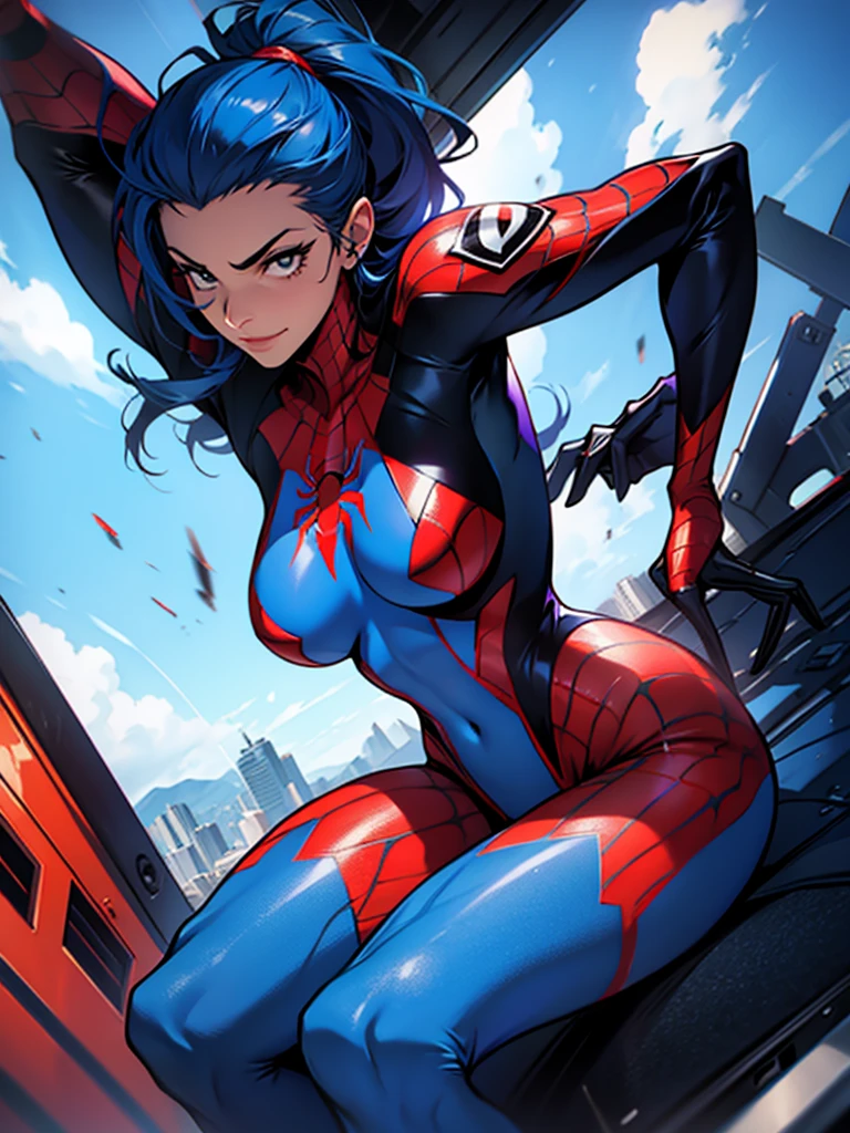 A spider woman with the blue suit