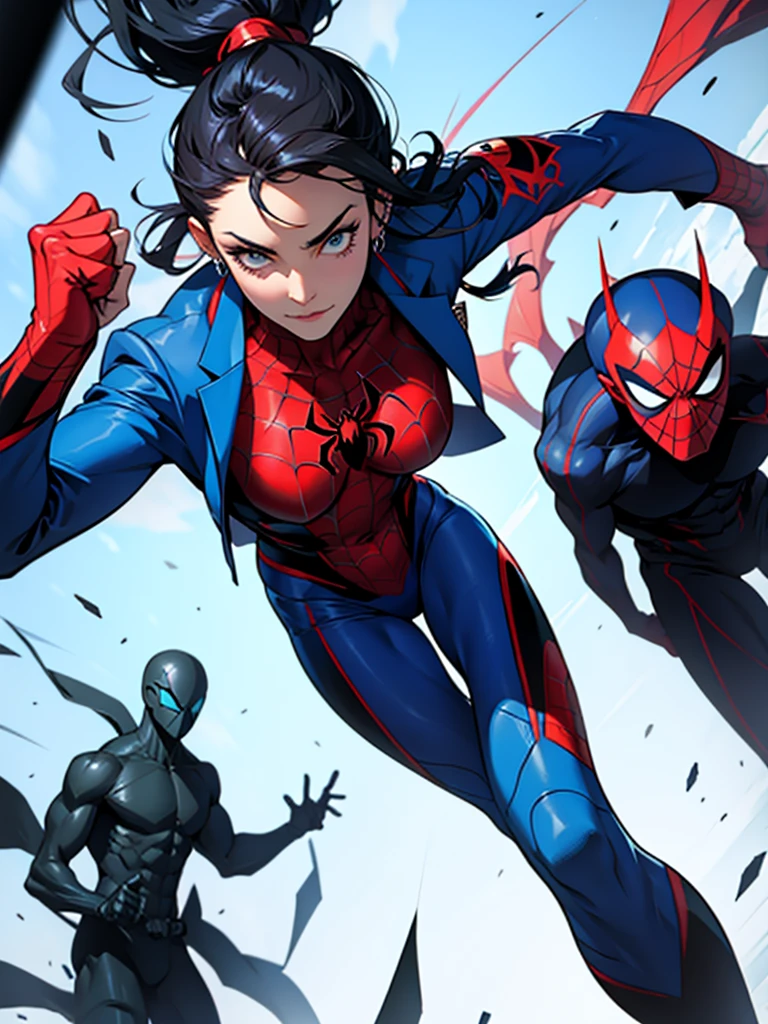 A spider woman with the blue suit 