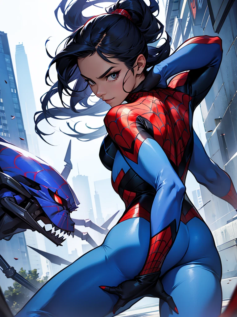 A spider woman with the blue suit